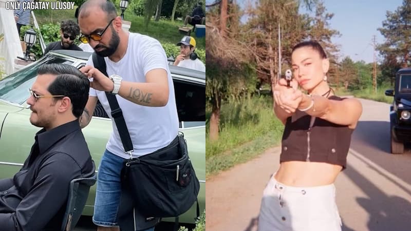 Демет Оздемир и Чагатай Улусой на съёмочной площадке сериала «МЭ»